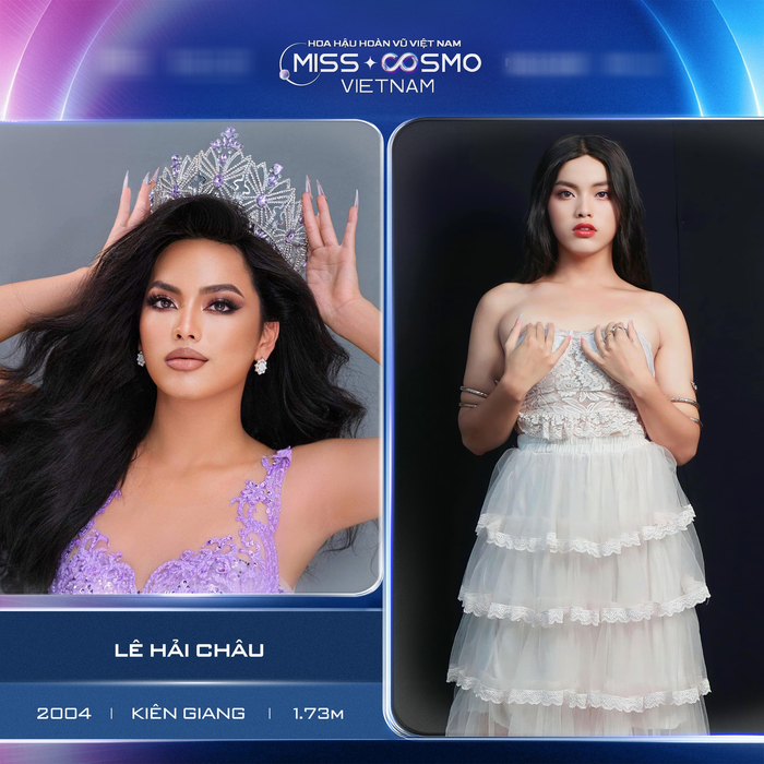Lê Hải Châu (Kiên Giang) là một thí sinh khá 'đặc biệt' tại cuộc thi, cô là người chuyển giới nữ. Hải Châu mong muốn đem câu chuyện của bản thân truyền tải những việc tích cực cho xã hội, hướng đến một cộng đồng tốt đẹp. Trước Hải Châu, Miss Cosmo Vietnam 2023 từng gây sốt khi xuất hiện những thí sinh chuyển giới xinh đẹp đầu tiên như Quân Mai Anh và Mỹ Tiên.