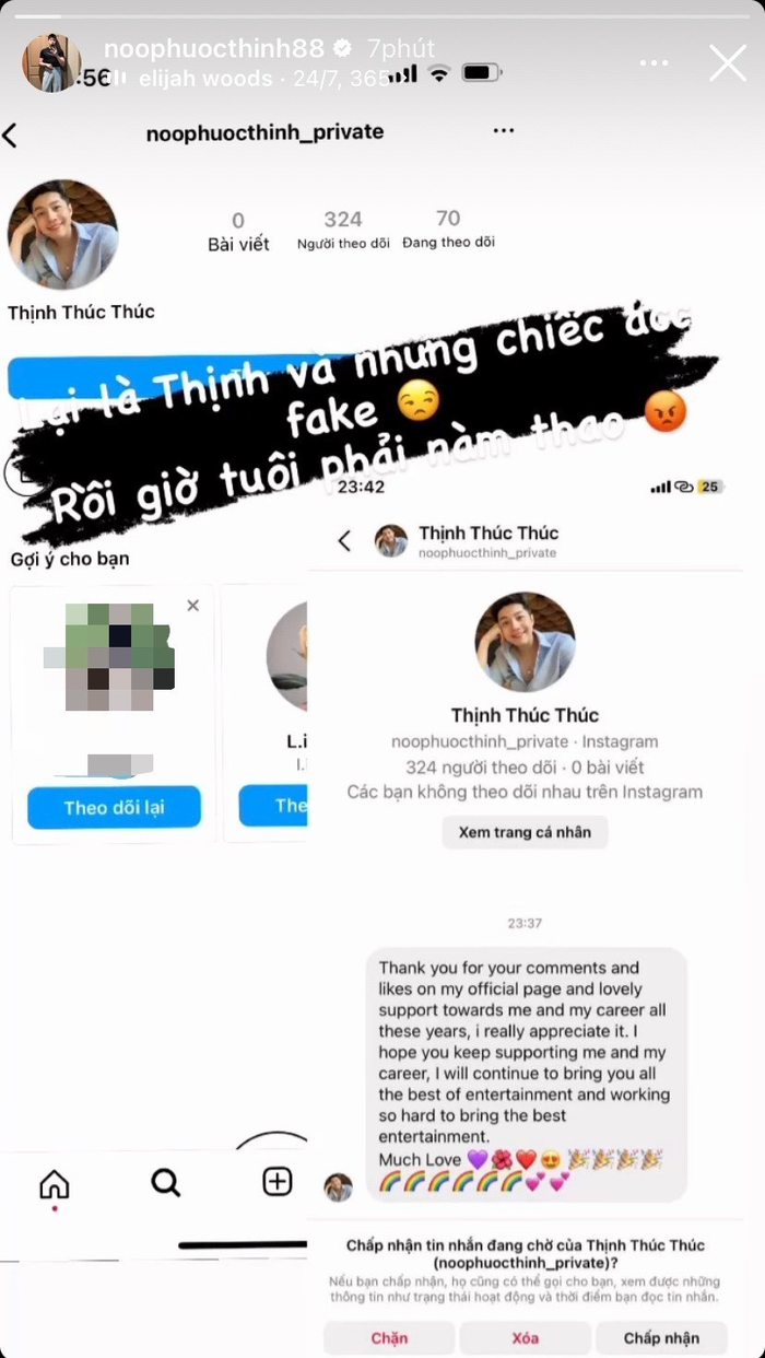 Noo Phước Thịnh đã đăng tải hình ảnh tài khoản giả mạo để cảnh báo tới người hâm mộ