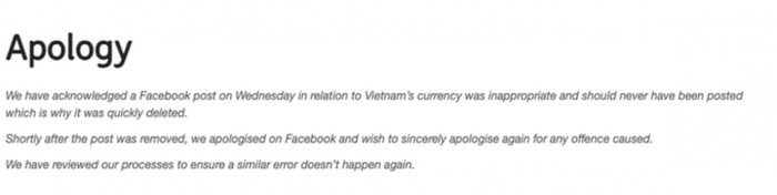 Lời xin lỗi được đăng tải trên trang web của hãng hàng không. (Ảnh: Chụp màn hình).