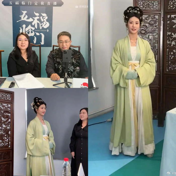 Biên kịch Vu Chính và diễn viên Lưu Tá Ninh trong buổi livestream giới thiệu Ngũ Phúc Lâm Môn.