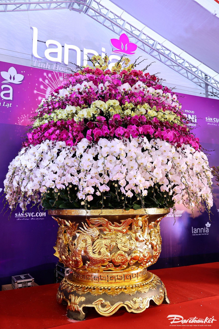 Tác phẩm này có tên 'Cửu Long Tranh Châu' có giá niêm yết 3,868 tỷ đồng, đồng thời được giới thiệu là 'Chậu lan dát vàng lớn nhất Việt Nam'. Ảnh: Đại Đoàn Kết