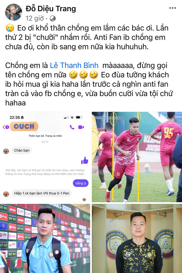 Vợ cầu thủ Thanh Bình lên tiếng vì chồng bị cộng đồng mạng mắng oan.