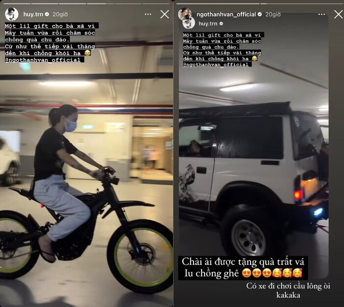 Tháng 10 năm ngoái, Huy Trần tặng cho bà xã xe đạp địa hình sau khi chứng kiến được Ngô Thanh Vân hết mực chăm sóc, quan tâm hậu ca phẫu thuật dây chằng