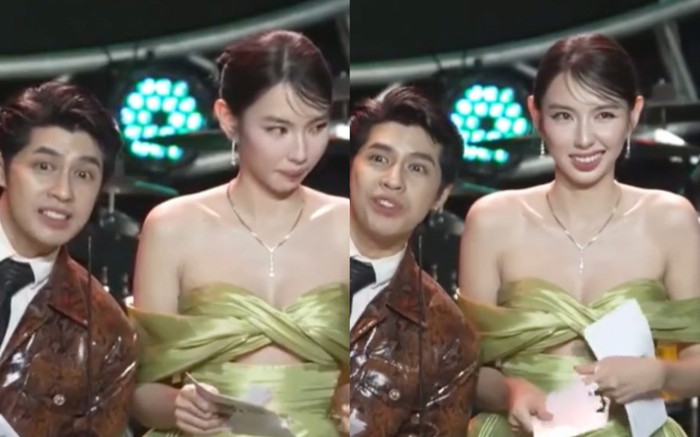 Hoa hậu Thùy Tiên 'xịt keo' khi gặp sự cố ngay lúc trao giải với Noo Phước Thịnh Ảnh 2