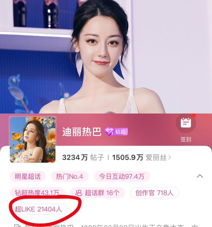 Địch Lệ Nhiệt Bà là nghệ sĩ đầu tiên có siêu like (fan cứng) vượt mốc 20.000 người. 