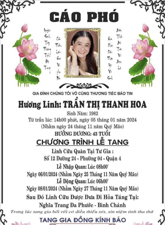 Thông tin về tang lễ diễn viên Thanh Hoa Ảnh 1