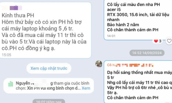 Tin nhắn cô Hạnh xin phụ huynh hỗ trợ tiền mua laptop