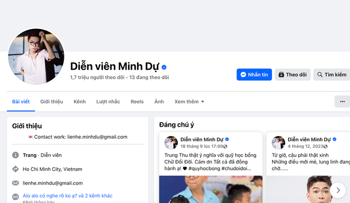Minh Dự vẫn giữ lại trang page tích xanh trên nền tảng Facebook. Ảnh: Chụp màn hình
