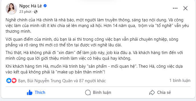 Ngọc Hà tiết lộ công việc chính hiện tại của cô là nhà báo.