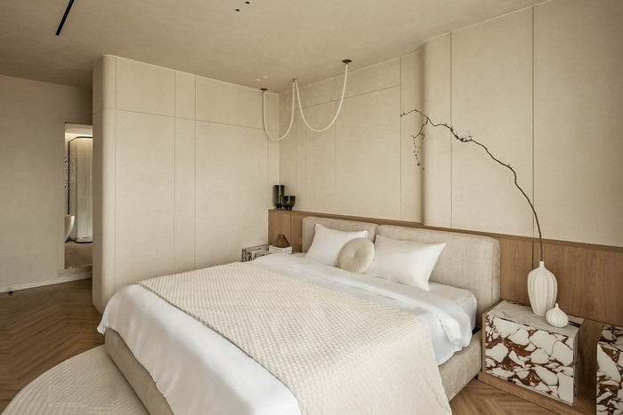 Phòng ngủ lớn của vợ chồng Cường Đô La được bài trí tối giản, tinh tế.