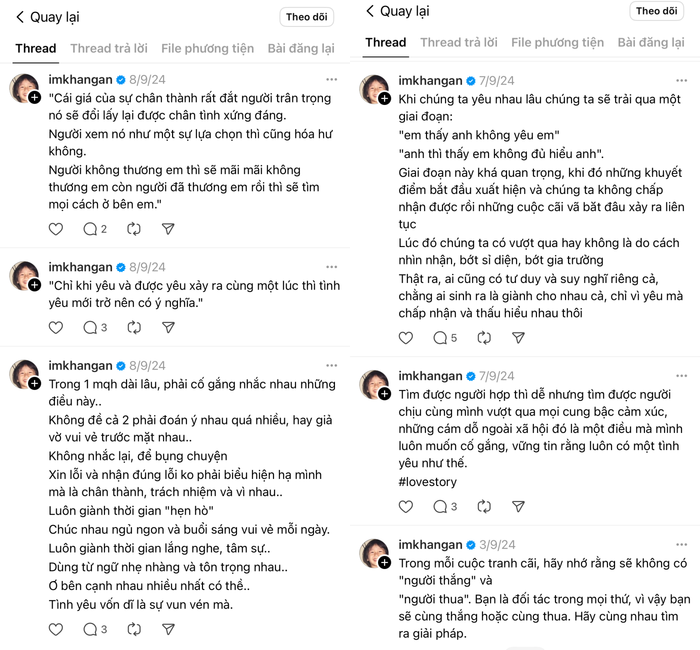 Trên tài khoản Threads, Khả Ngân thường xuyên chia sẻ những câu nói, thông điệp hay về chuyện tình yêu. 