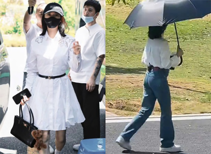 Trước đó, Ngô Cẩn Ngôn lộ vòng hai lùm lùm khi đang đi quay phim.