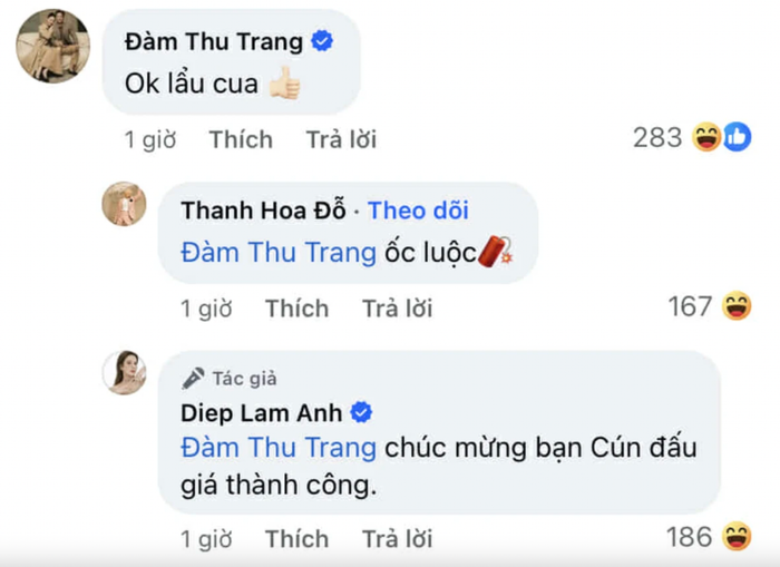 Đàm Thu Trang vui vẻ tương tác dưới bài viết của bạn thân.