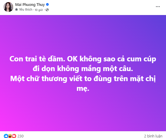 Mai Phương Thúy trải lòng về chuyện chăm sóc 'con trai'.