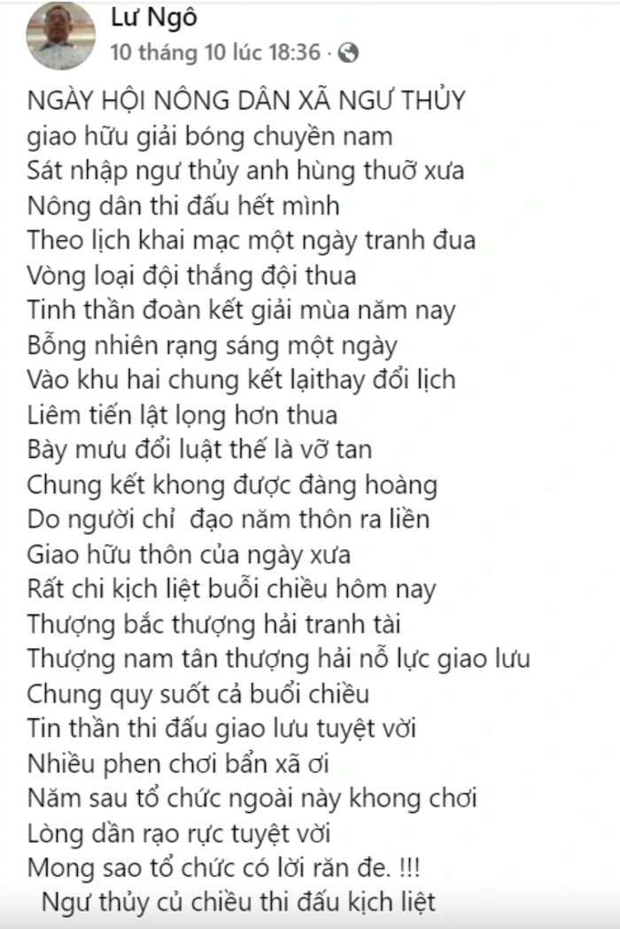 Bài thơ mà ông Lư đăng tải trên Facebook cá nhân