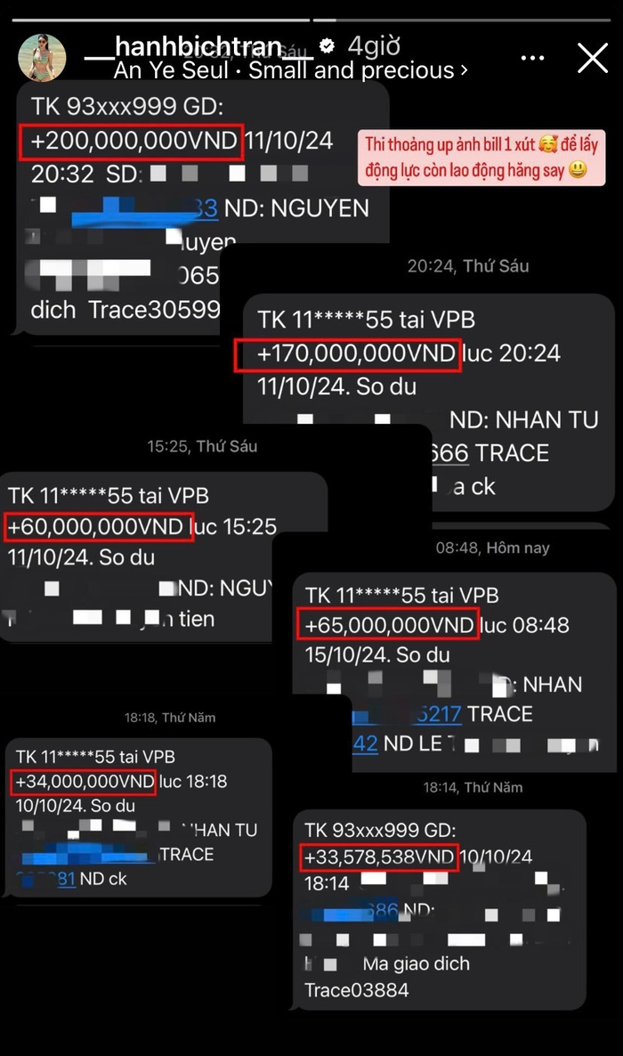 Bạn gái Vũ Văn Thanh khoe mức thu nhập trong một tuần.