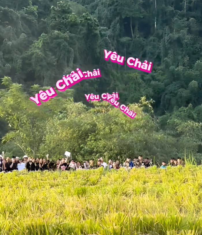 Hàng trăm khán giả ùa ra đường để thể hiện tình cảm với đoàn phim Đi giữa trời rực rỡ. 