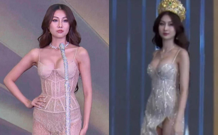 Trước đó, Hoa hậu Quế Anh 2 lần gây tranh cãi về trang phục, thậm chí bộ váy xẻ cao còn vô tình khiến cô lộ nội y khi di chuyển.