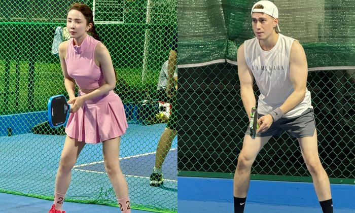 Việt Anh và Quỳnh Nga chăm chỉ tập luyện pickleball. 