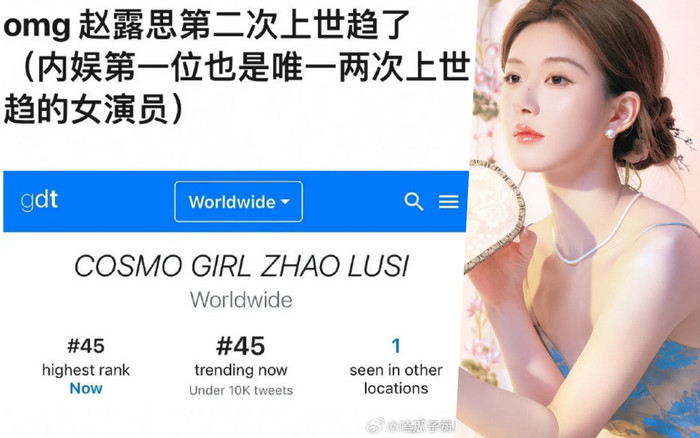 Fan tỏ ra vô cùng tự hào khi Triệu Lộ Tư trở thành diễn viên đầu tiên và duy nhất tại Hoa ngữ 2 lần dẫn đầu top trending thế giới. 