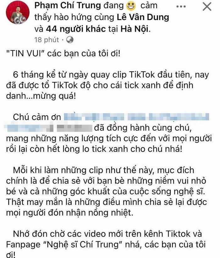Nghệ sĩ Chí Trung khoe kênh Tiktok đã được cấp 'tick xanh'.&nbsp;