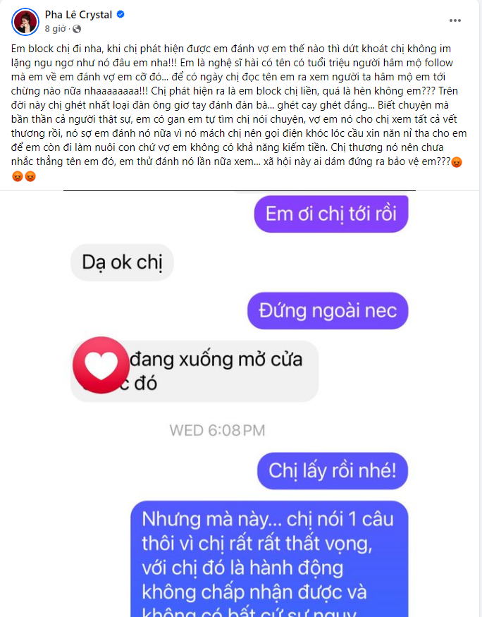 Ca sĩ Pha Lê bức xúc vì nam danh hài có tên tuổi 'tác động vật lý' với vợ.