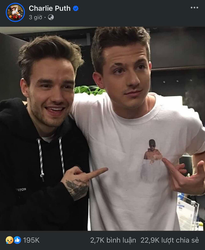 Charlie Puth tưởng nhớ Liam trên trang cá nhân và nhận được nhiều tương tác đồng cảm từ công chúng. 
