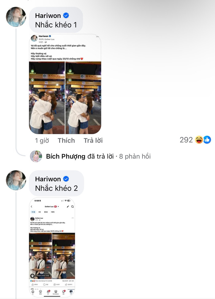 Hari Won liên tục 'tương tác' phía dưới bài viết của MC Trấn Thành. 