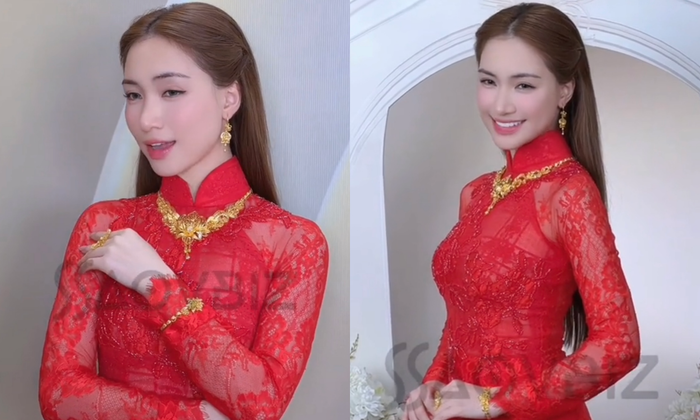 Hoà Minzy diện áo dài đỏ truyền thống, đeo vàng trĩu cổ.