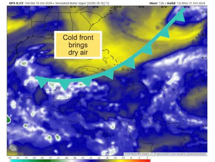 Bão mới sau siêu bão Milton chưa thể hình thành ngay do sự tồn tại của khối khí lạnh. Ảnh: WeatherBell
