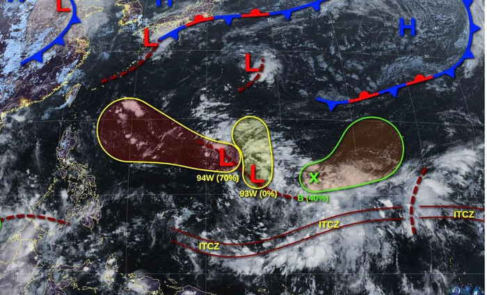 Trung tâm Cảnh báo Bão Liên hợp Mỹ đang theo dõi 3 áp thấp 93W, 94W và B: Ảnh: JTWC.