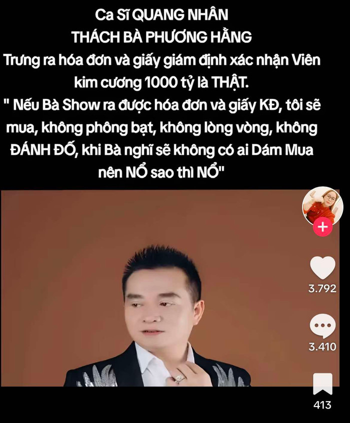 Nam ca sĩ nói rõ việc thách thức bà Phương Hằng, muốn mua viên kim cương nghìn tỷ Ảnh 2