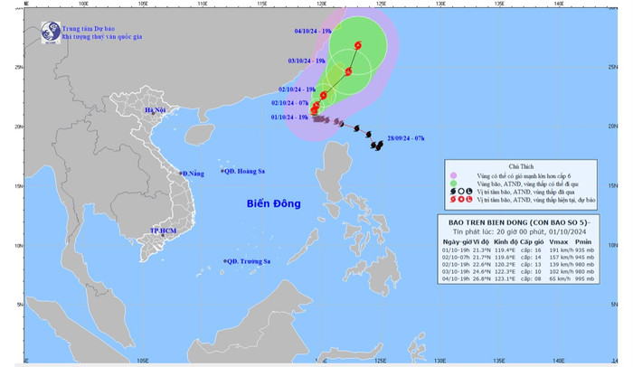 Vị trí và dự báo đường đi của bão số 5 Krathon. Ảnh: Trung tâm Dự báo Khí tượng Thủy văn Quốc gia.