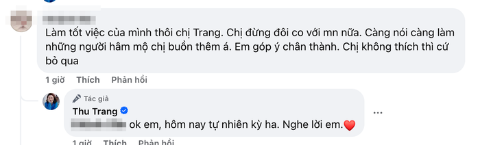Một cư dân mạng khuyên Thu Trang không nên đôi co với khán giả.
