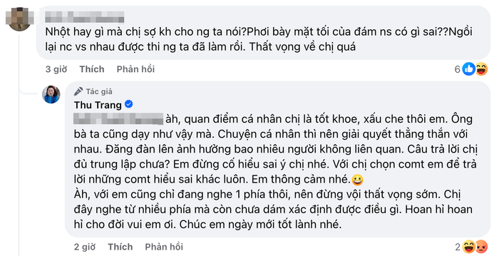 Một trong số những bình luận thể hiện sự thất vọng khi Thu Trang lên tiếng bênh vực Minh Dự.