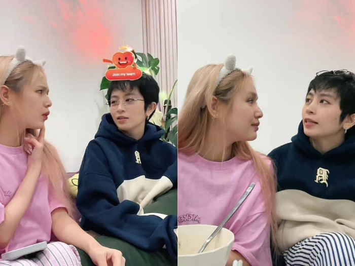 Không chỉ hỗ trợ Gil Lê bán hàng, Xoài Non còn khá thoải mái khi Gil Lê phát live để trò chuyện với khán giả. Ảnh: Sưu tầm