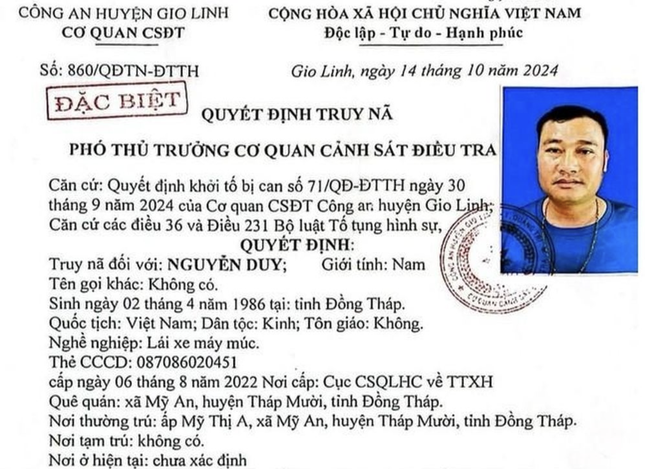 Đối tượng Nguyễn Duy bị phát lệnh truy nã.