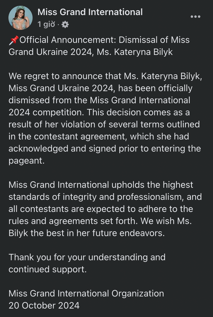 Miss Grand International thông báo đại diện Ukraine bỏ thi giữa chừng.