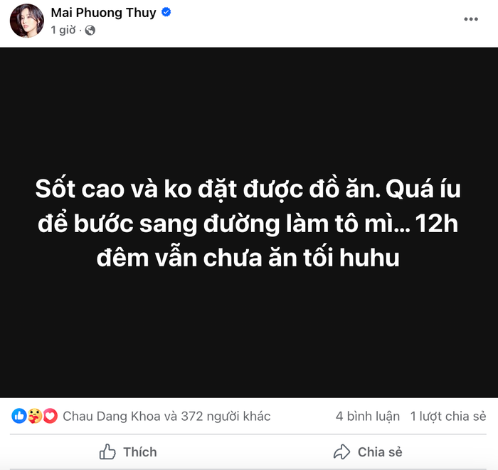Mai Phương Thuý gây lo lắng vì thông báo bị sốt cao, nhịn đói. Ảnh: Chụp màn hình