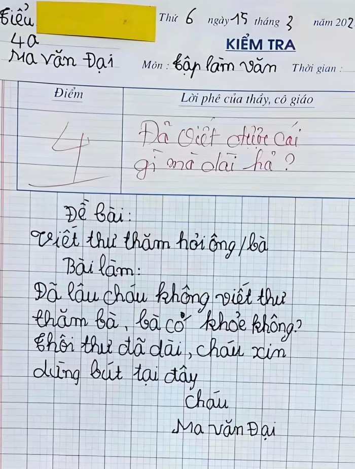 Bài văn hỏi thăm bà của em học sinh lớp 4 khiến cô giáo bất lực viết lời phê