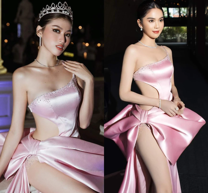 Ngọc Trinh từng đụng hàng với Á hậu Ngọc Thảo trong mẫu đầm satin màu hồng xẻ tà đển tận eo. 