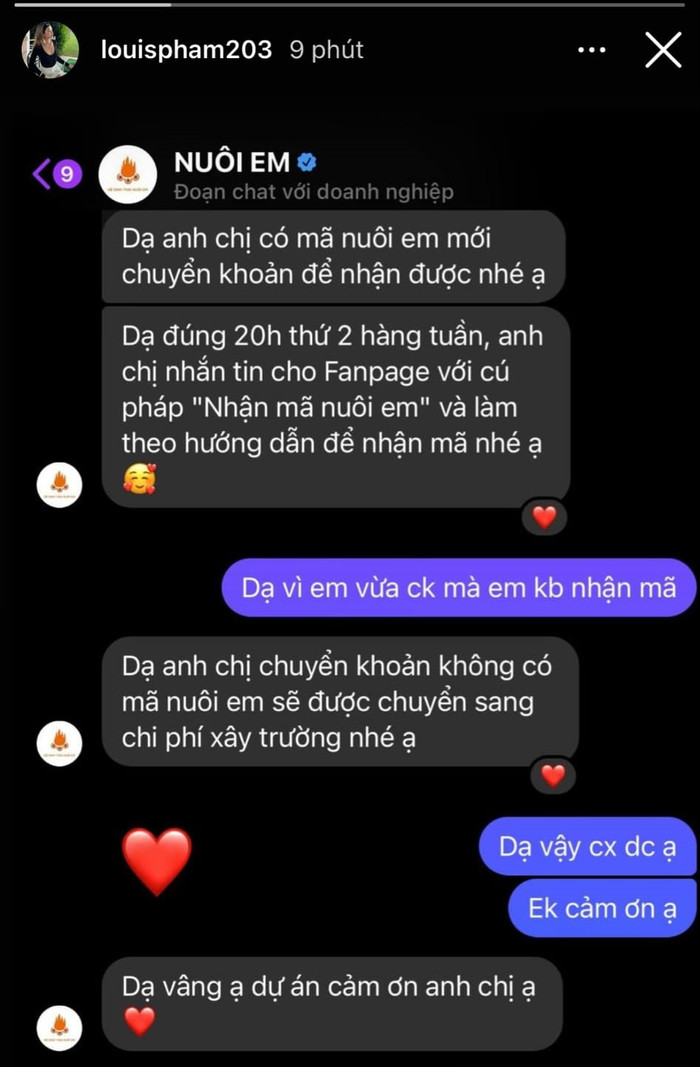 Sau nhiều lần xóa đi đăng lại story thì Louis Phạm đăng tải story cuộc trò chuyện với fanpage Dự án Nuôi Em.