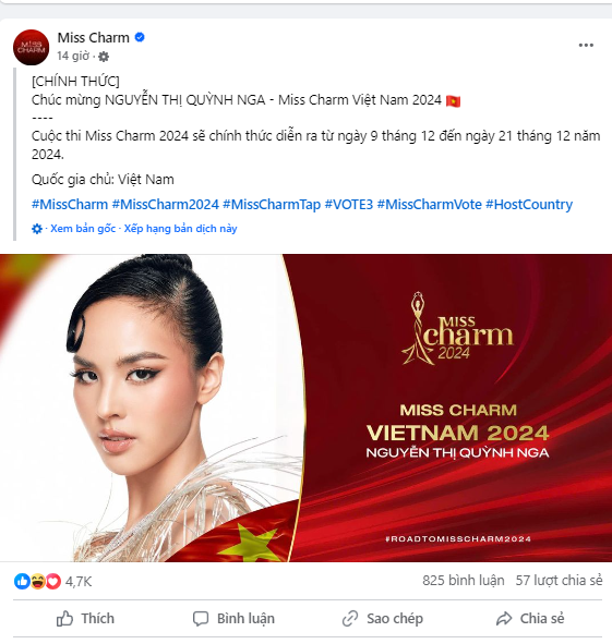 Quỳnh Nga sẽ đại diện Việt Nam tại Miss Charm 2024.