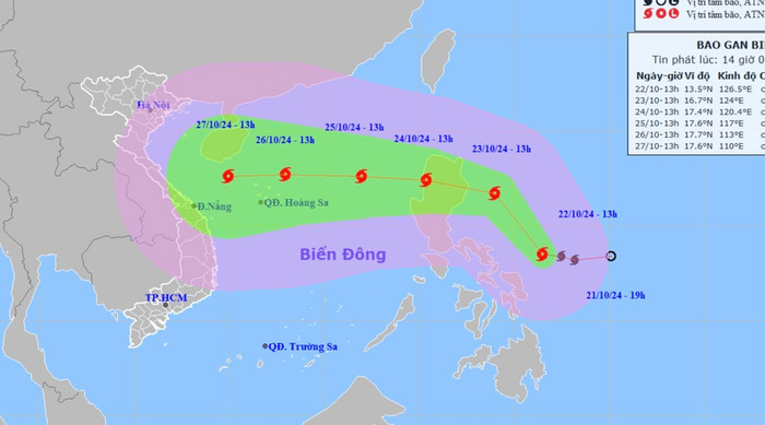 Vị trí và dự báo hướng di chuyển của bão Trami.