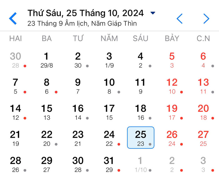 Lịch âm hôm nay ngày 25/10/2024.