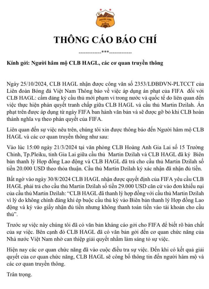 Theo thông tin của Saostar, CLB HAGL của bầu Đức sẽ có thông báo đặc biệt đến người hâm mộ sau khi bị FIFA cấm chuyển nhượng.