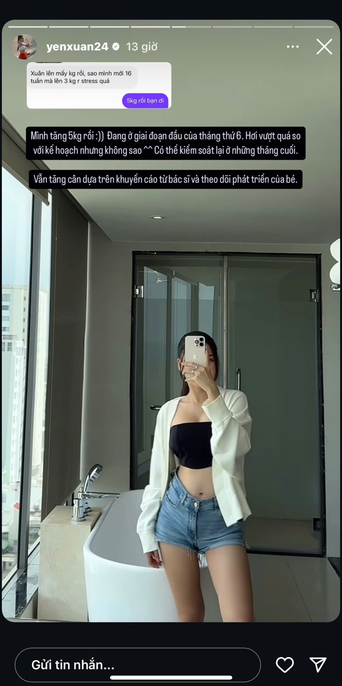 Yến Xuân đã tăng 5kg sau khi mang bầu.