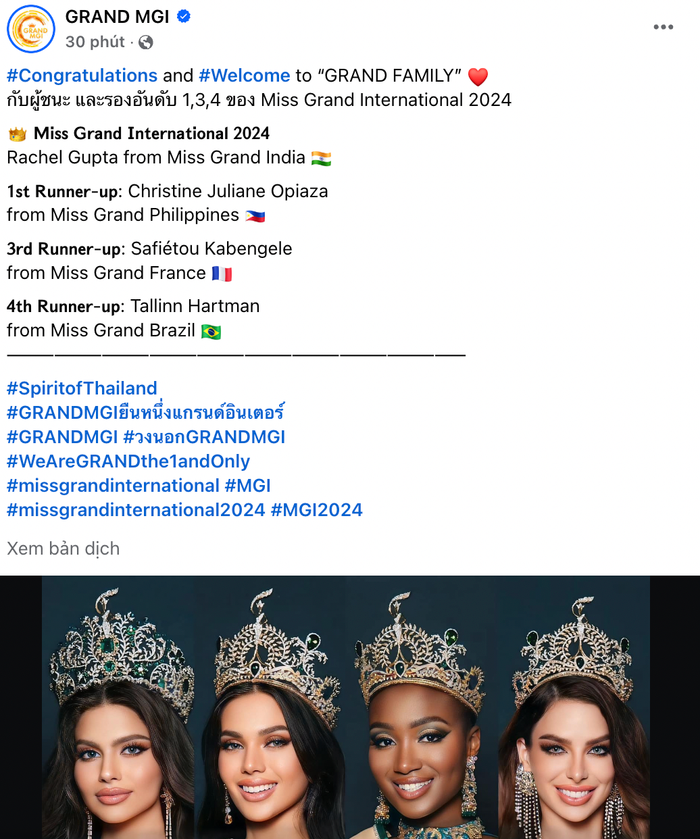 Bài đăng của Miss Grand International chỉ chúc mừng Hoa hậu và ba Á hậu, loại bỏ Á hậu 2 người Myanmar.