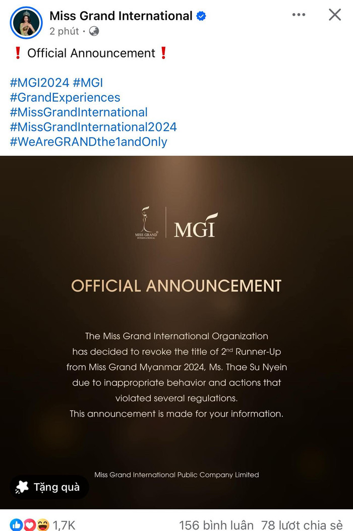 Miss Grand International thông báo tước danh hiệu Á hậu 2 của đại diện Myanmar.