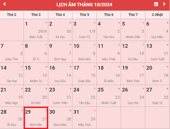 Lịch âm hôm nay 29/10/2024.
